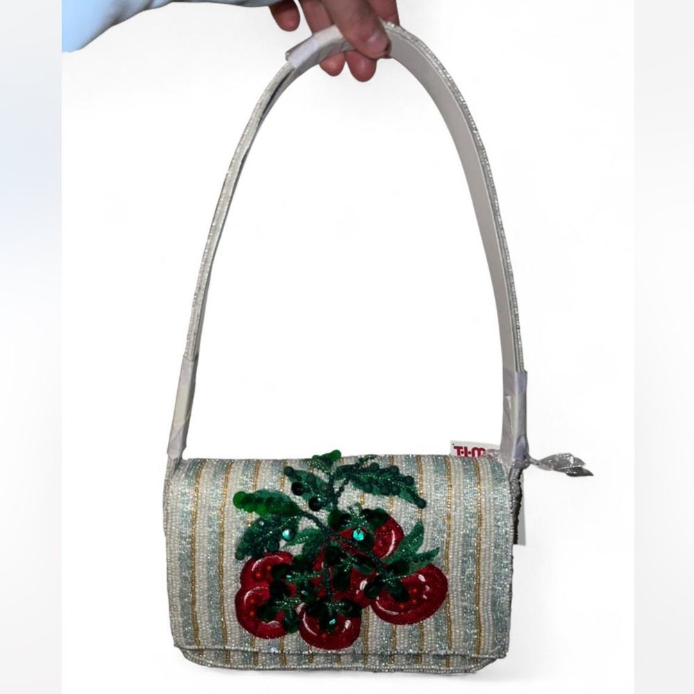 White Icy Blue and Golden Stripped Tomato Beaded Shoulder Bag Made in India